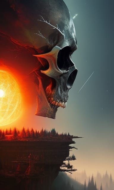 Terrarium in Skull: Digital Rendering with Celestial Backgro...