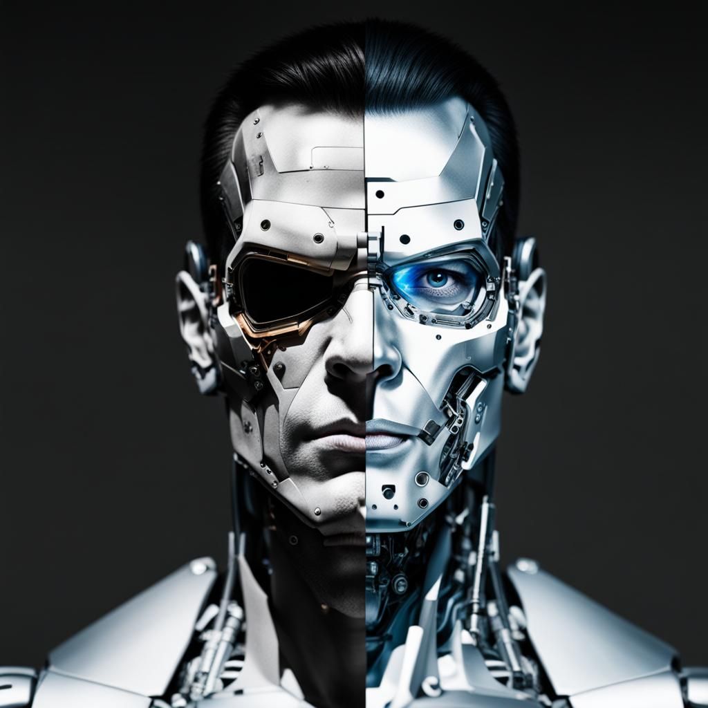 Split image of a terminator, half human half cyborg
