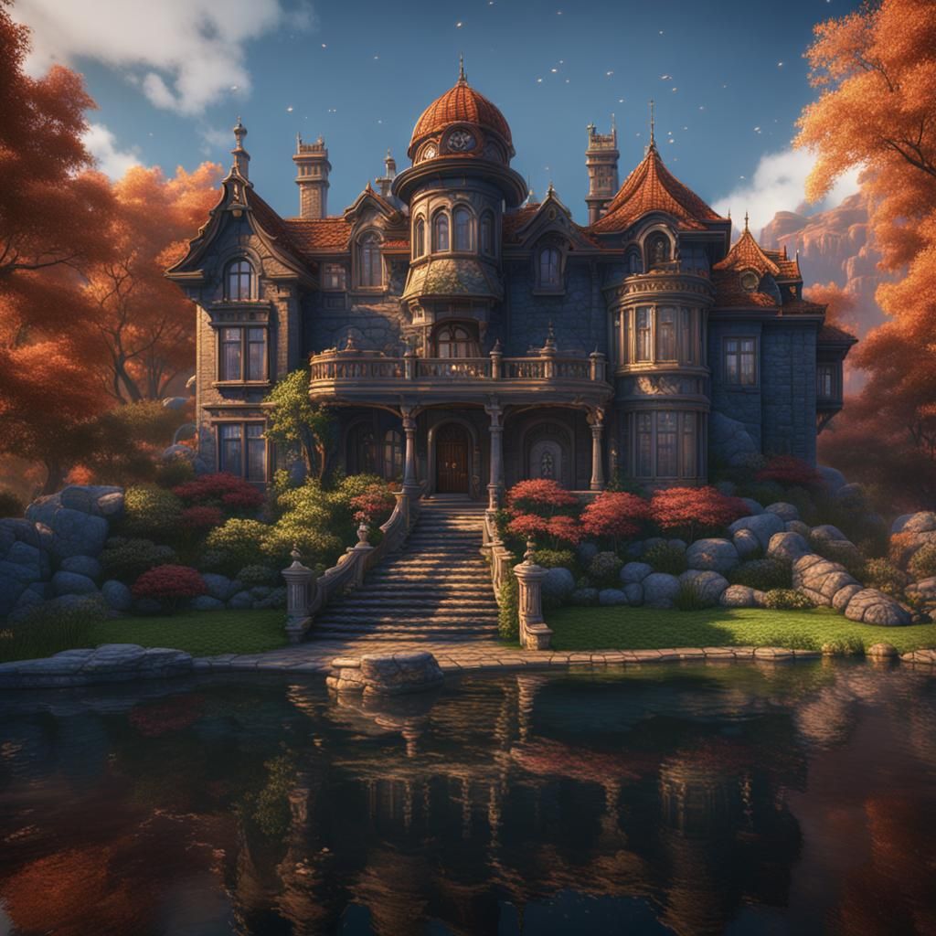 Lakeside Mansion in Detailed Matte Painting Style