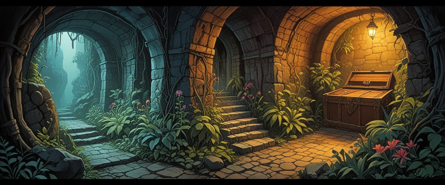 Mysterious Dungeon Passageway with Goblins and Treasure