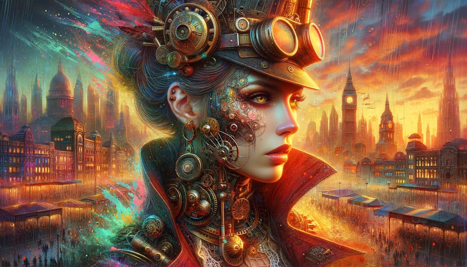 Steampunk Woman Portrait in Sunset Cityscape