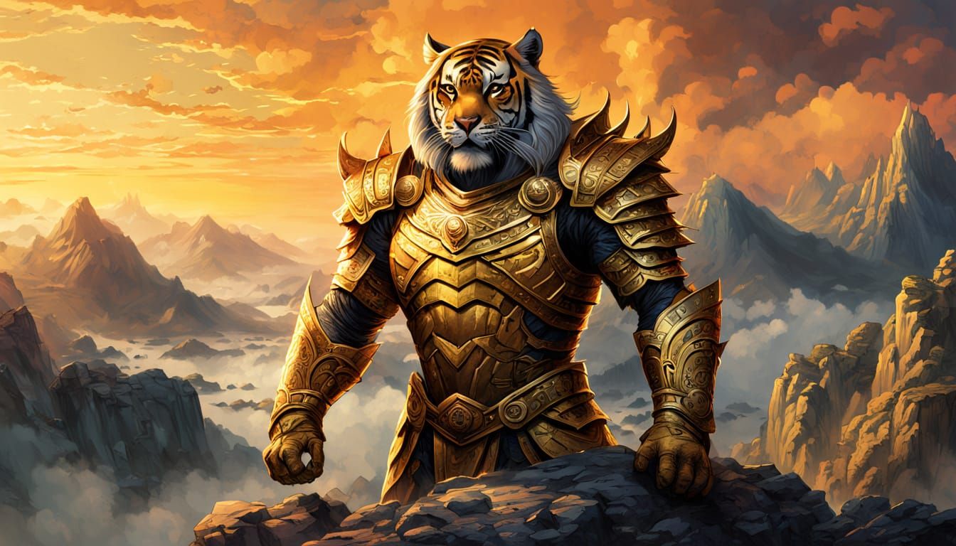 Majestic Chinese Warrior Tiger in Golden Armor on Rocky Moun...