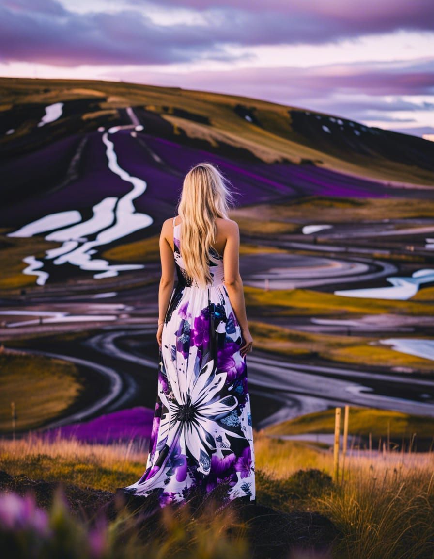Woman in Flower Dress in Icelandic Landscape: Graffiti Art