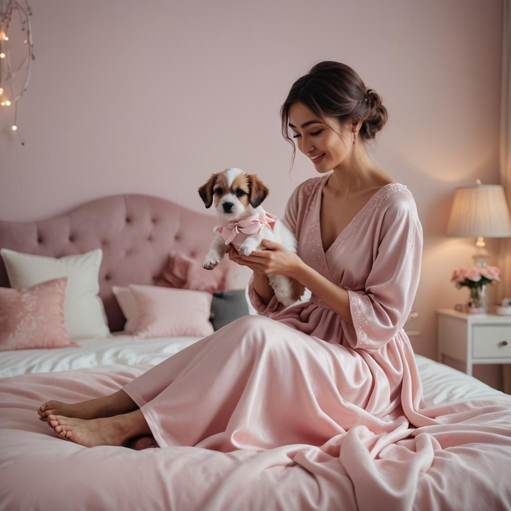 Puppy Love: Woman Receives Slipper in Pink Bedroom