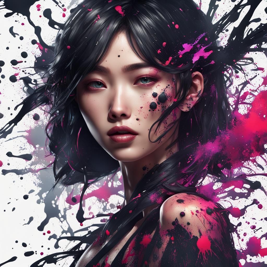 Fantasy Ink Splatter: Asian Woman in Pollock Style