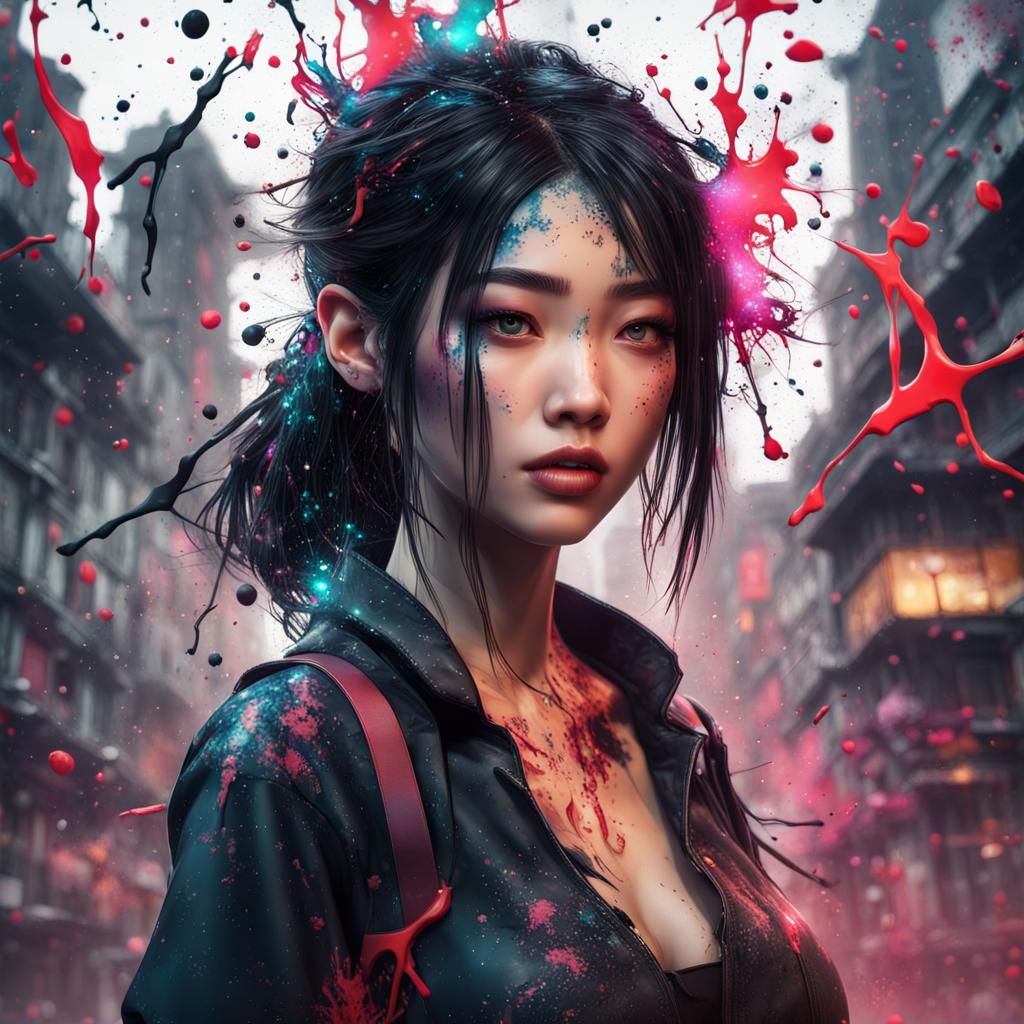 Fantasycore Asian Girl Ink Splatter Art in Pollock Style