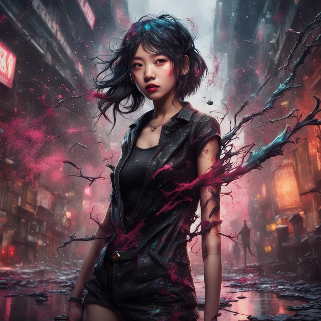 Fantasycore Asian Girl in Pollock Style Ink Splatter