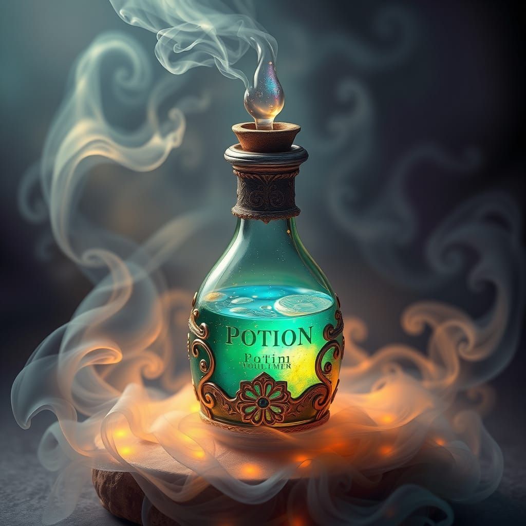 Glowing Potion in Ornate Vial with Mystical Mist