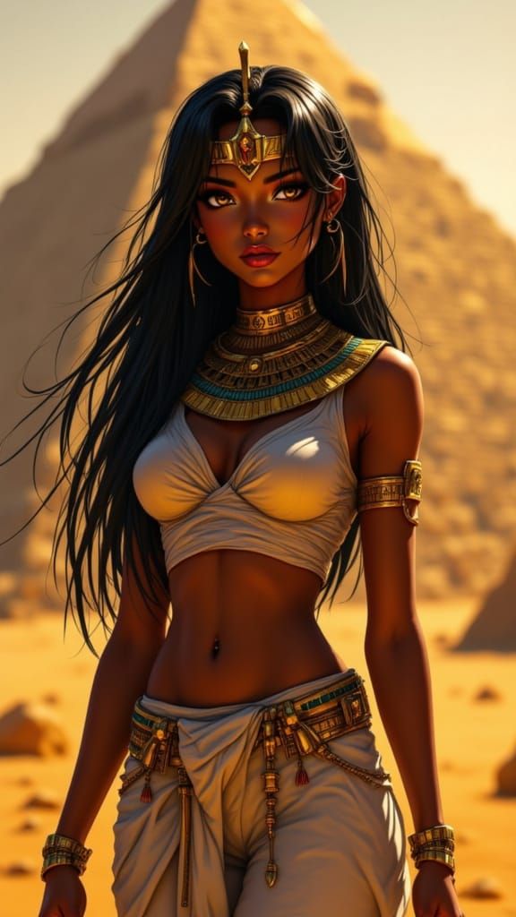 Ancient Egyptian Queen in Golden Headdress, Pyramid in Majes...