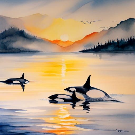 Orca Whale Family at Sunset: Watercolor Painting