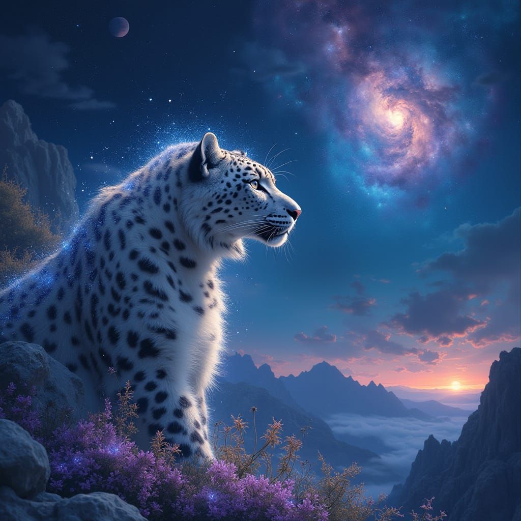 Ethereal Snow Leopard in Cosmic Dreamscape