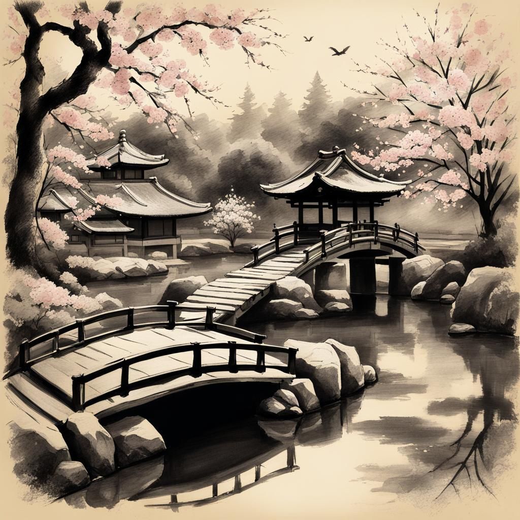 Japanese Garden: Charcoal Sketch with Koi Pond