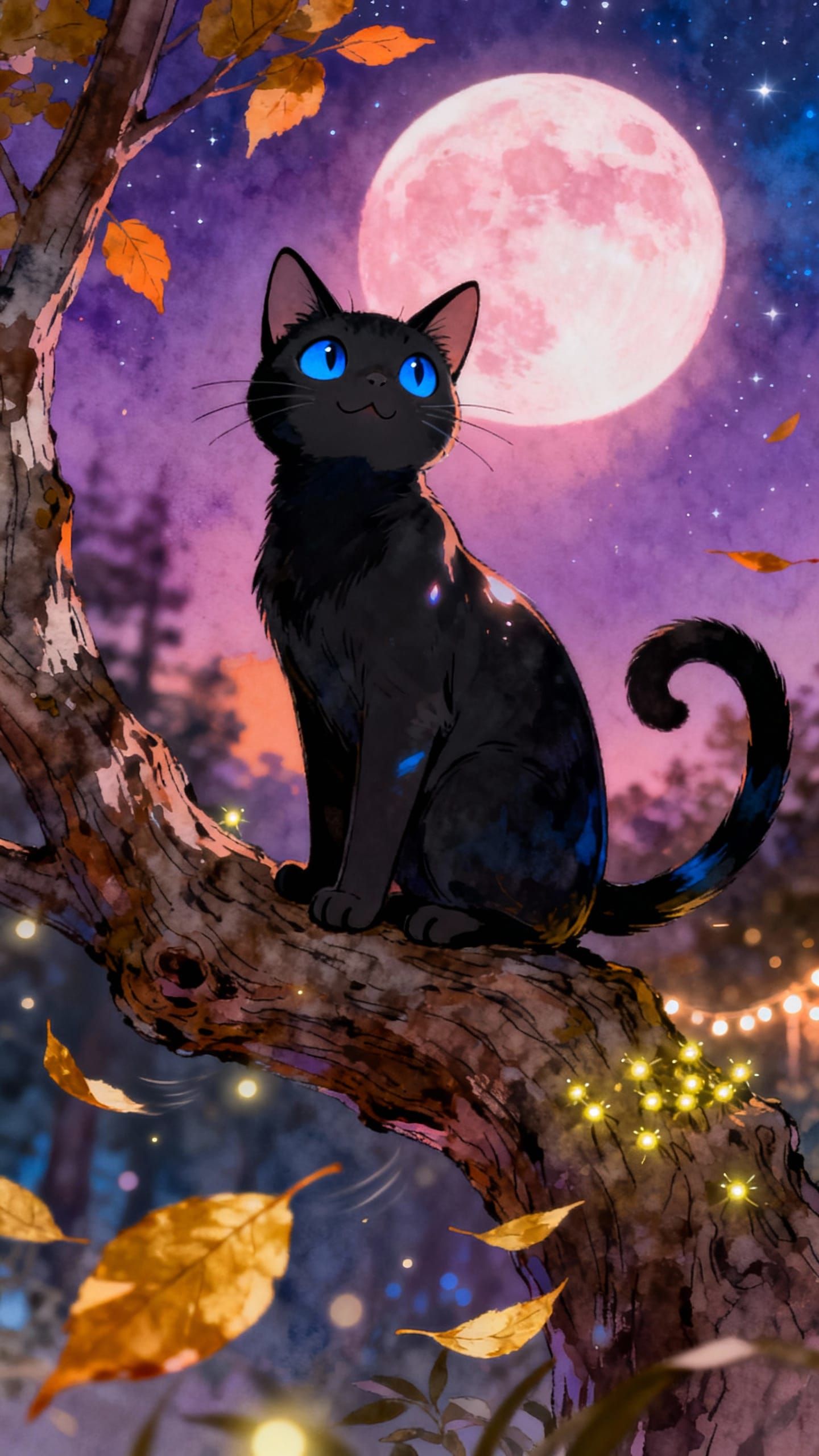 Enchanting Autumn Night: Black Cat in Watercolor Style