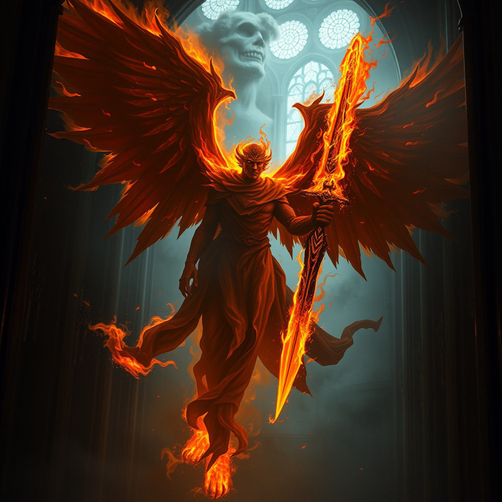 Fiery Archangel Emerges from Gothic Shadows