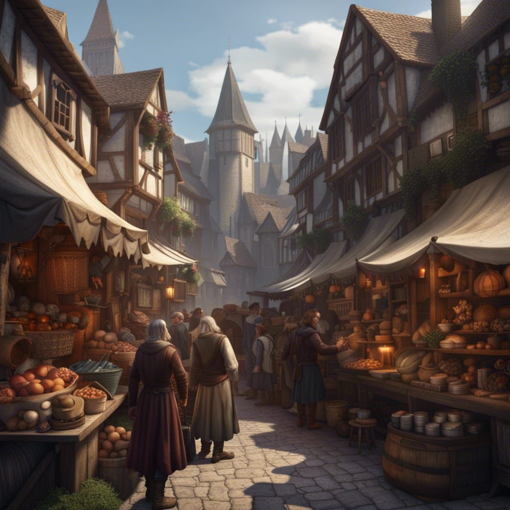 Medieval Marketplace at Midday in Dark Fantasy Style