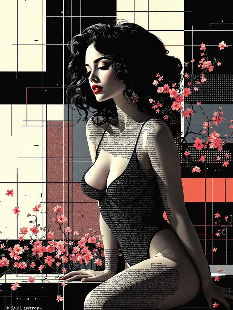 ASCII Art Overlay of Abstract Pin-Up in Geometric Garden