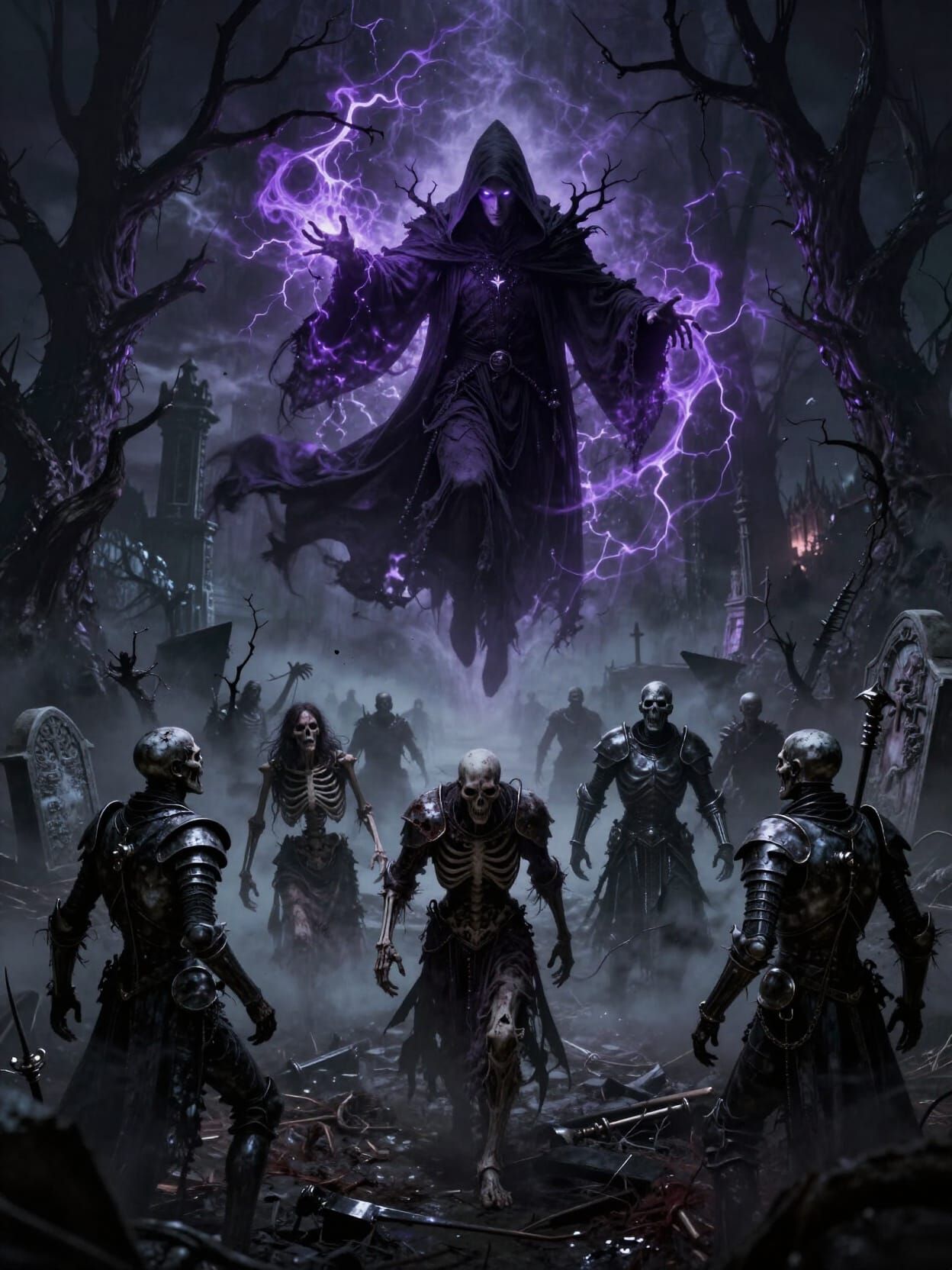 Gothic Necromancer Commands Undead Army in Shadowy Realm