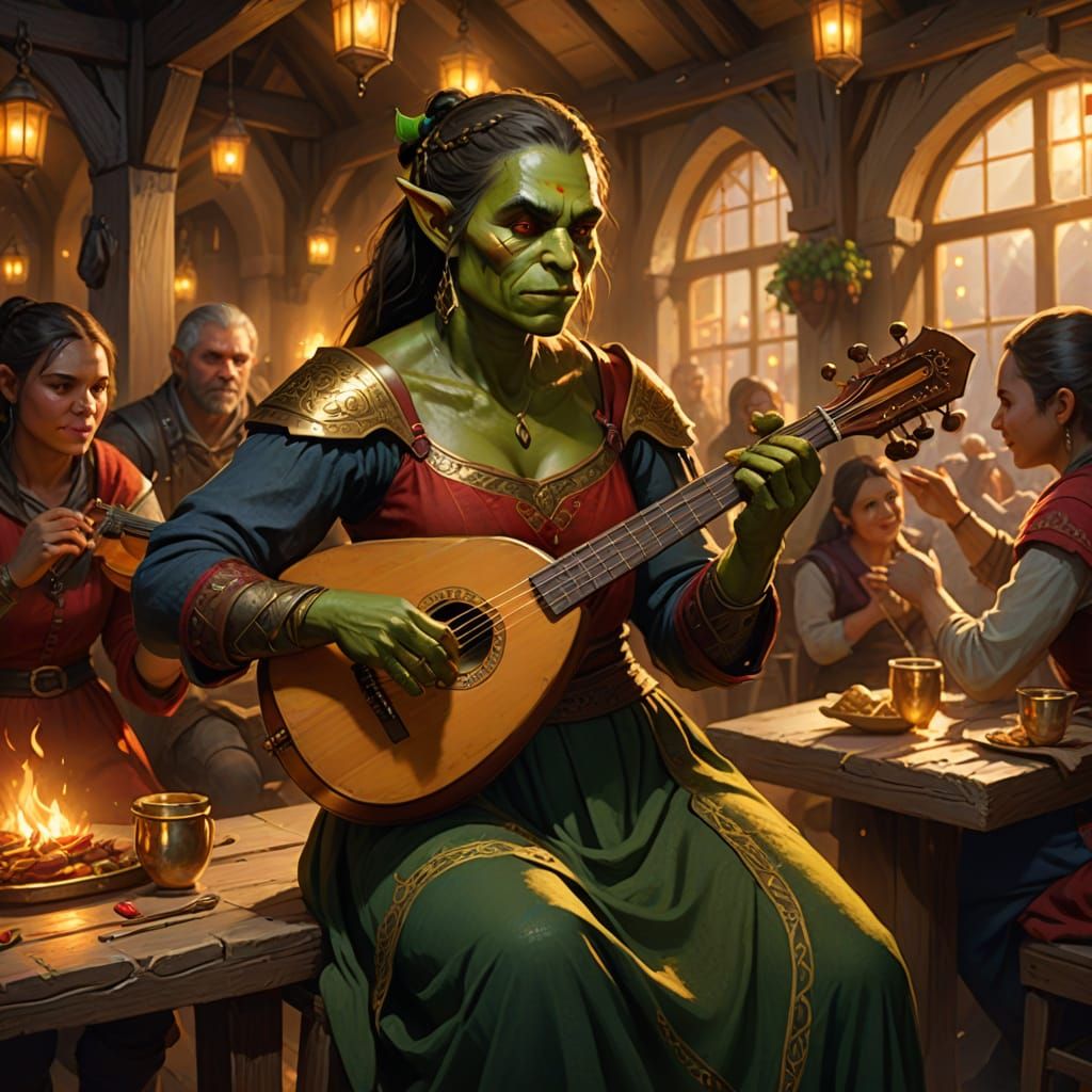 Orc Bard Performing at Inn: Fantasy Illustration