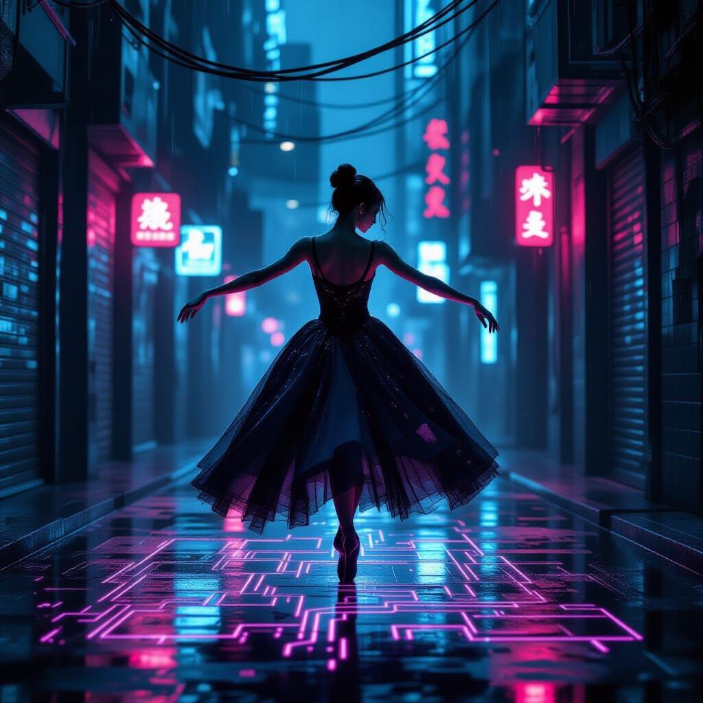 Ballerina on Circuit Board Stage in Cyberpunk Alley