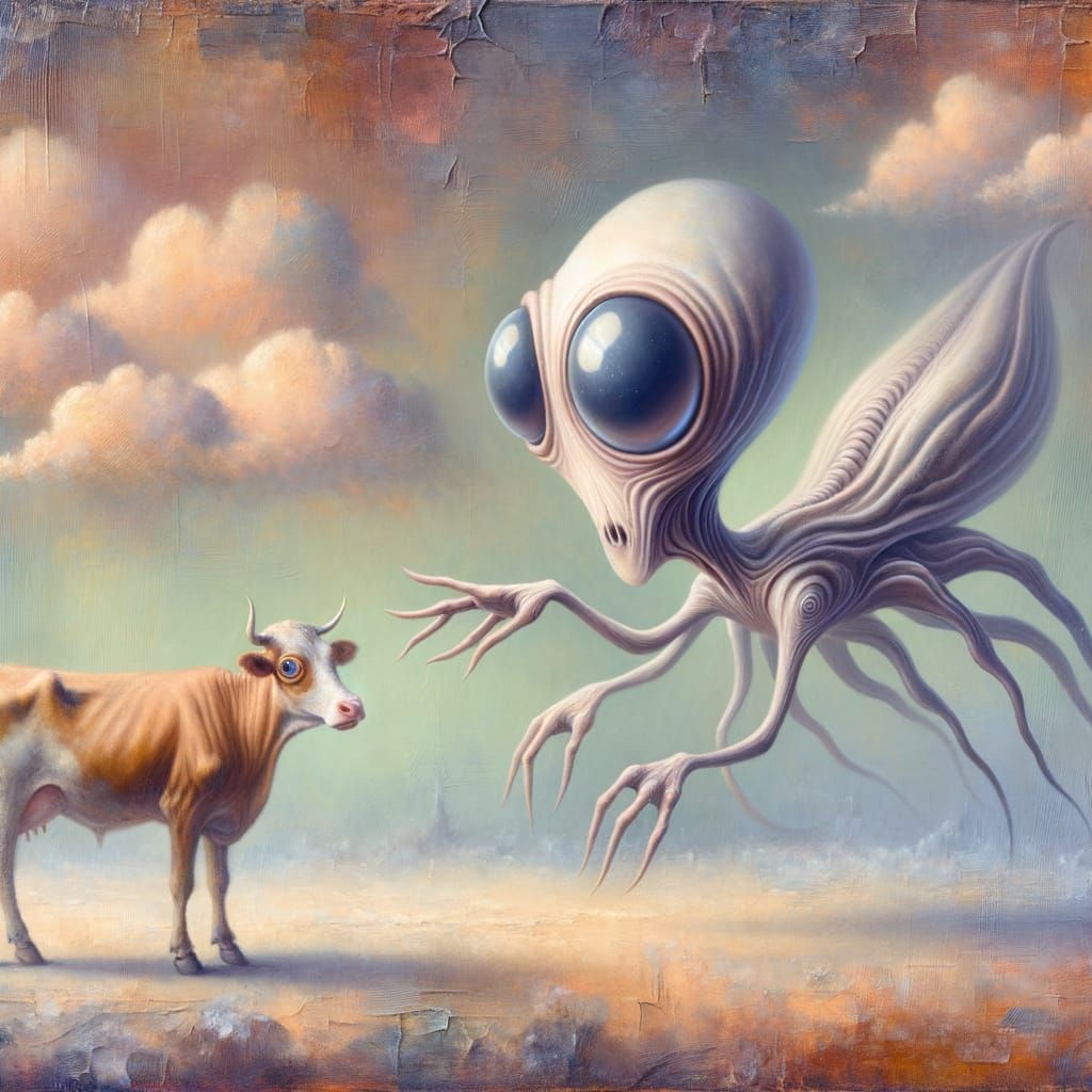 Surreal Alien Encounter with Surprised Cow