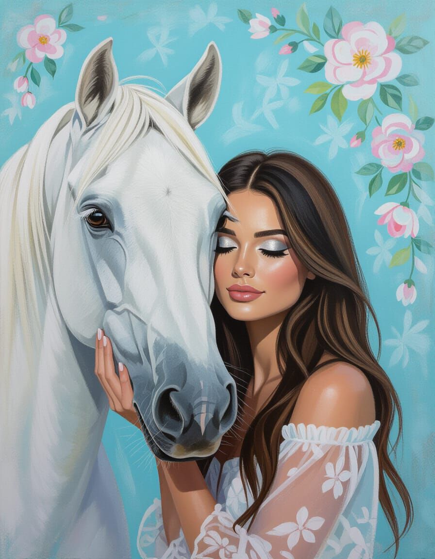 Serene Woman and White Horse in Chalk and Acrylics