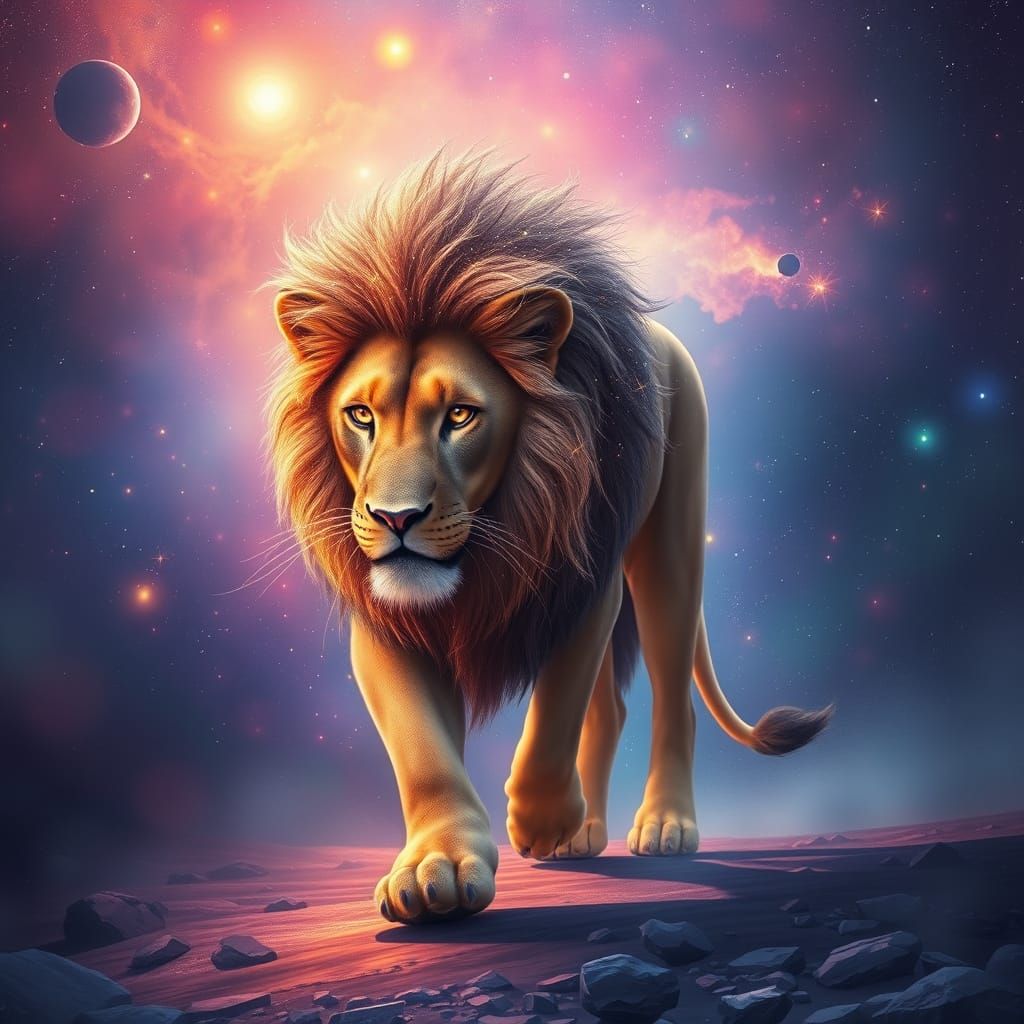 Stardust Lion Walking Through a Galaxy