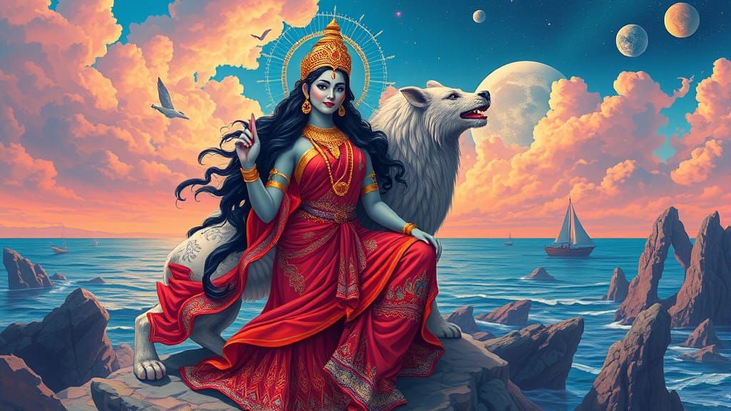 Surreal Goddess Amidst Cosmic Convergence