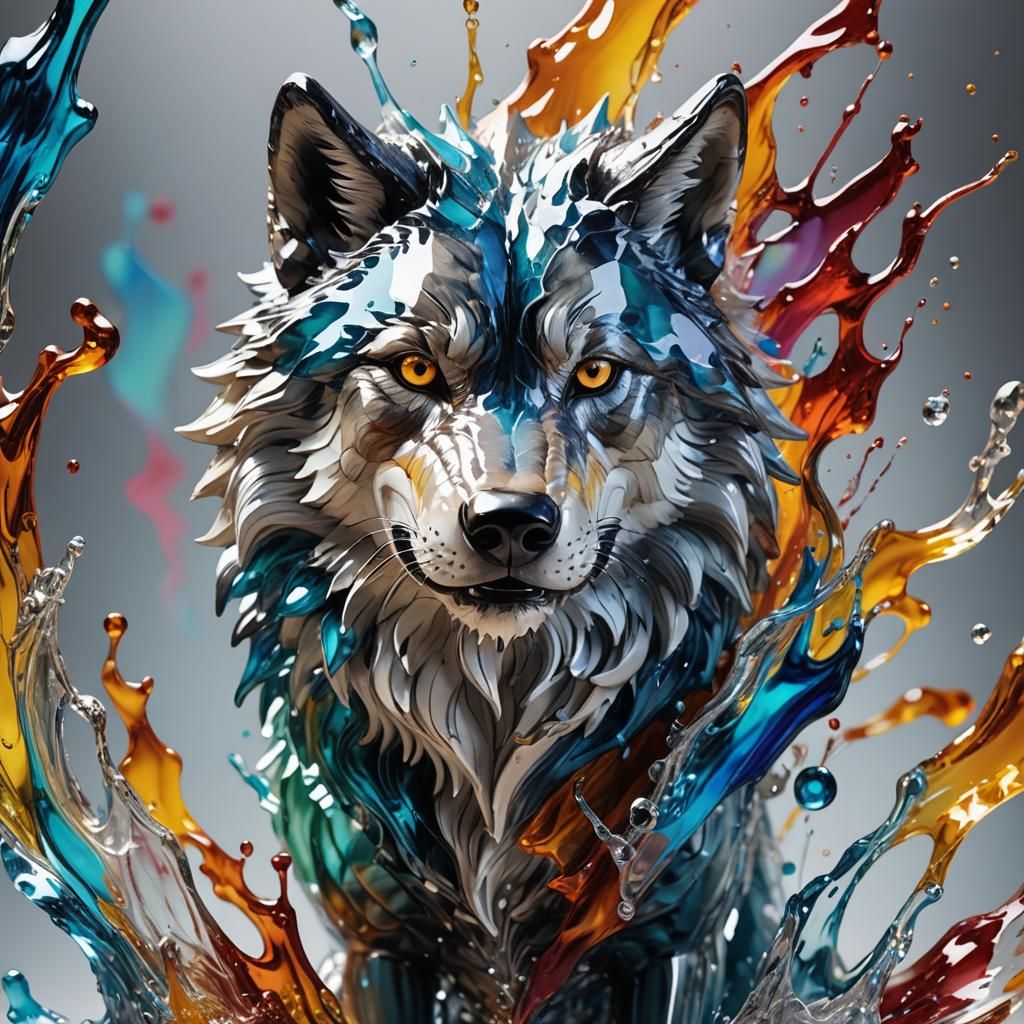 Hyperrealistic Glass Wolf Sculpture in Splash Art Style