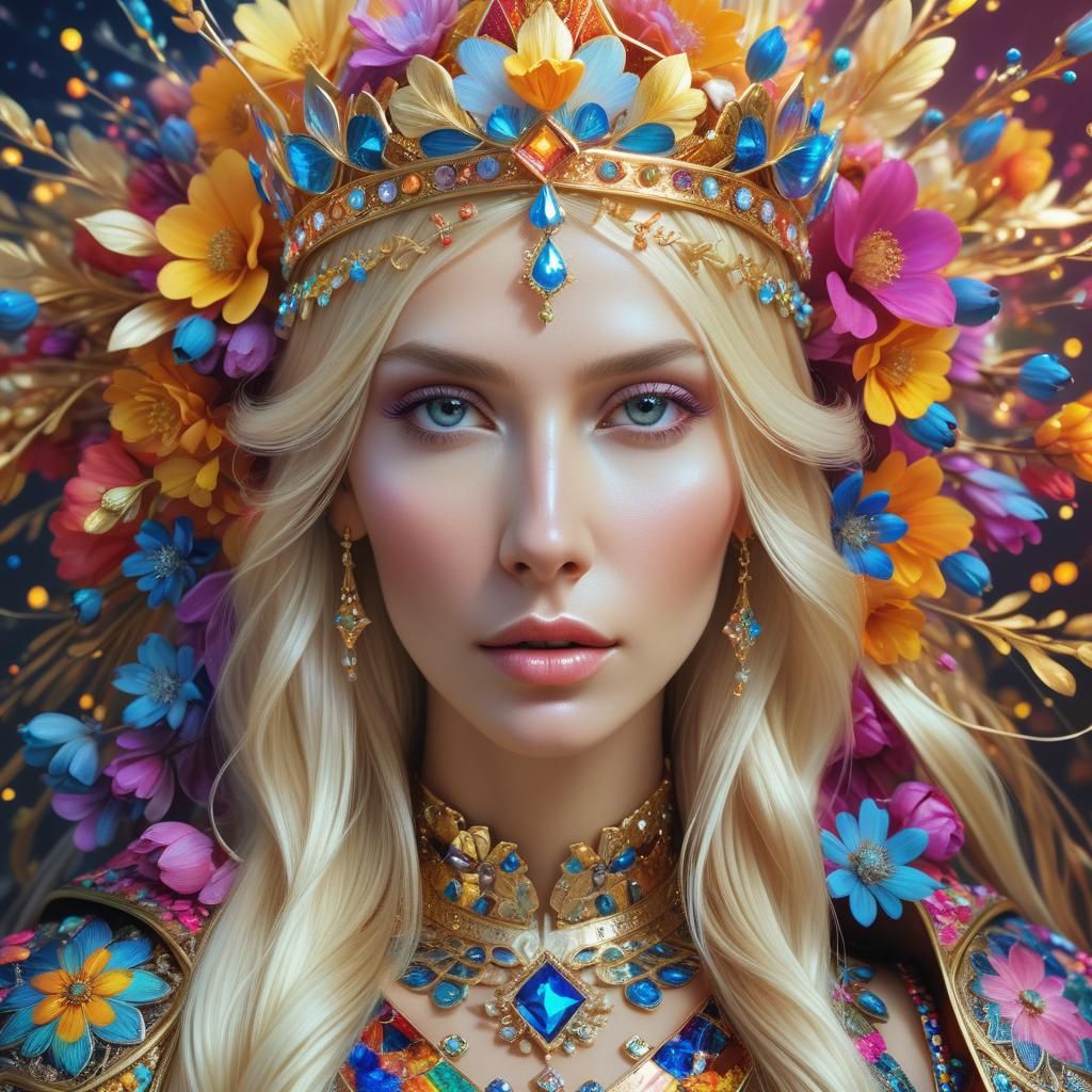 Beautiful Slavic Woman with Futuristic Flower Crown