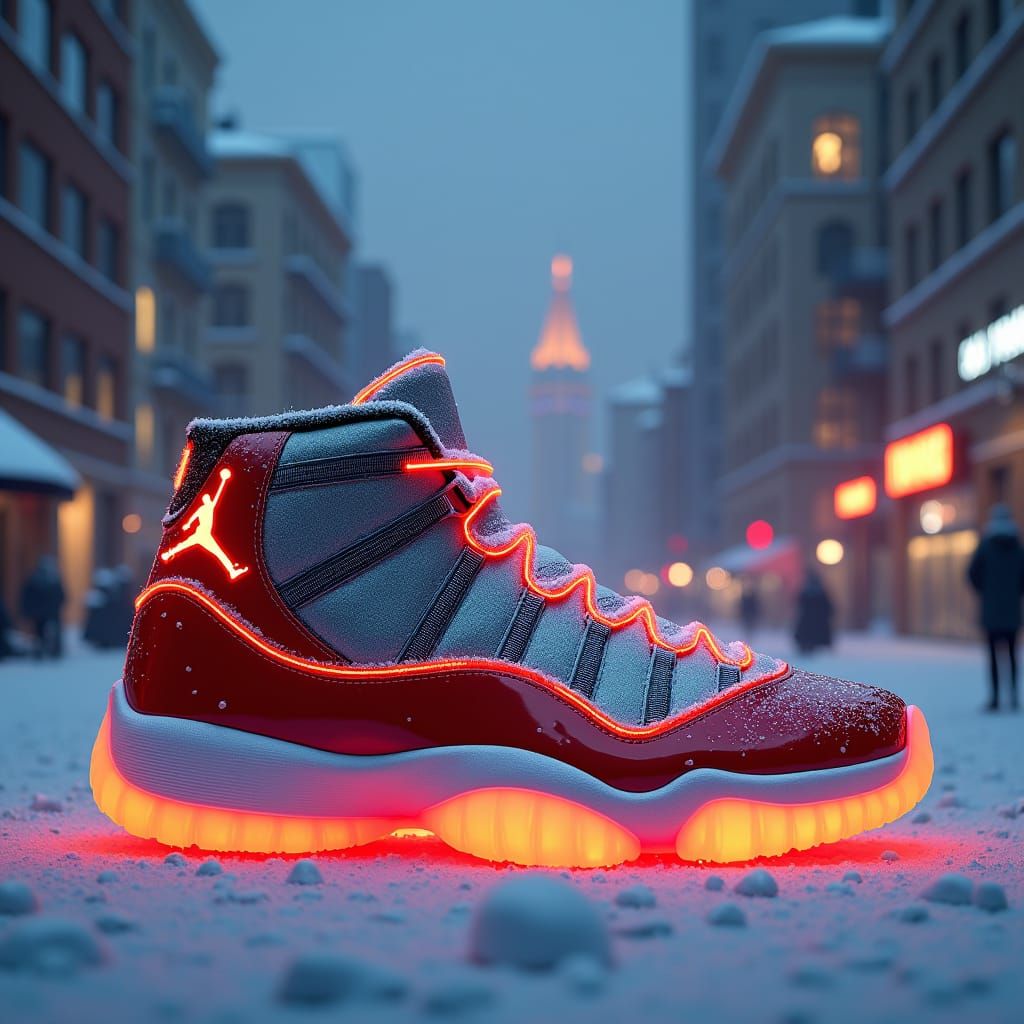 Festive Jordan 11 Christmas Shoe in Cityscape