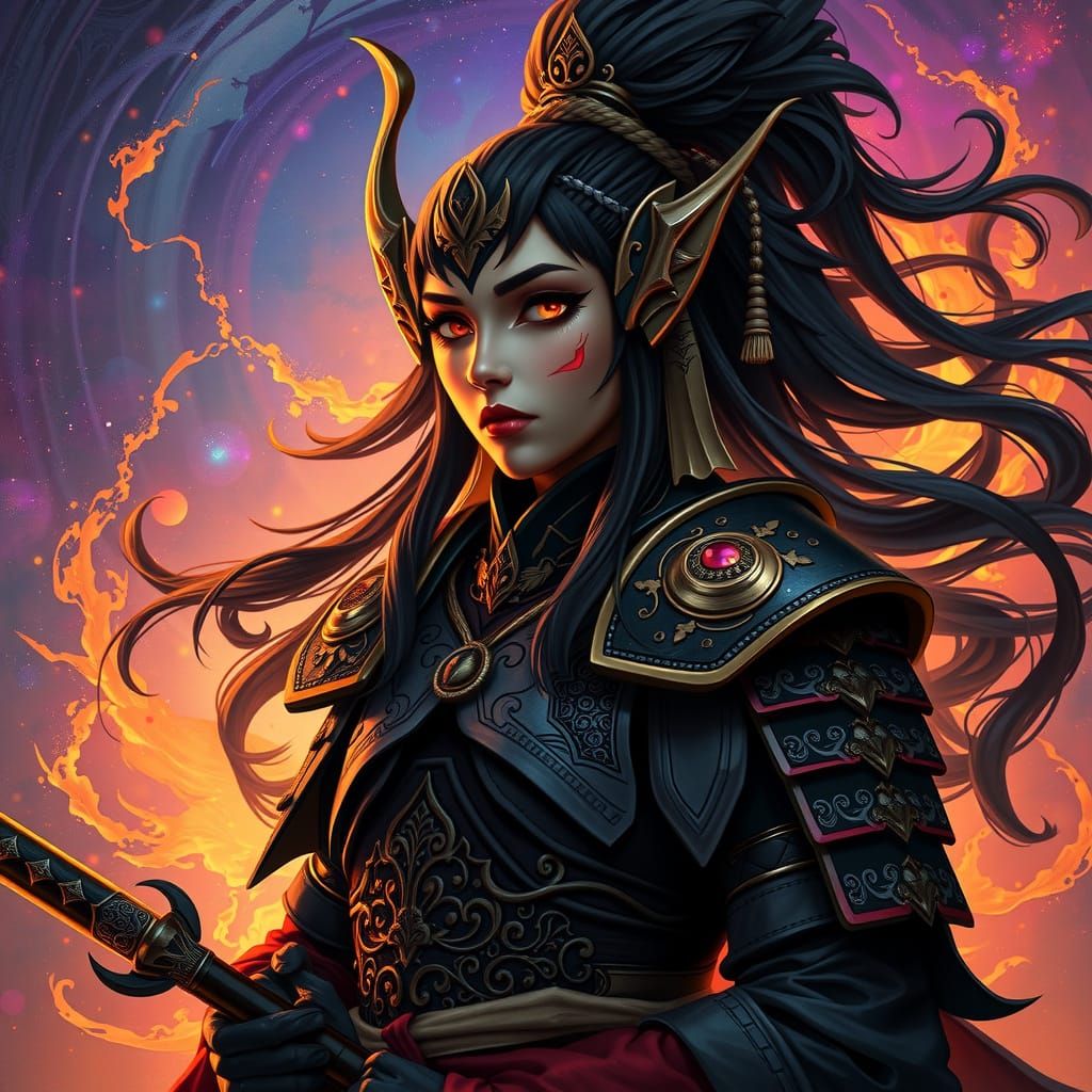 Regal Drow Elf Samurai in Dark Art Nouveau Armor