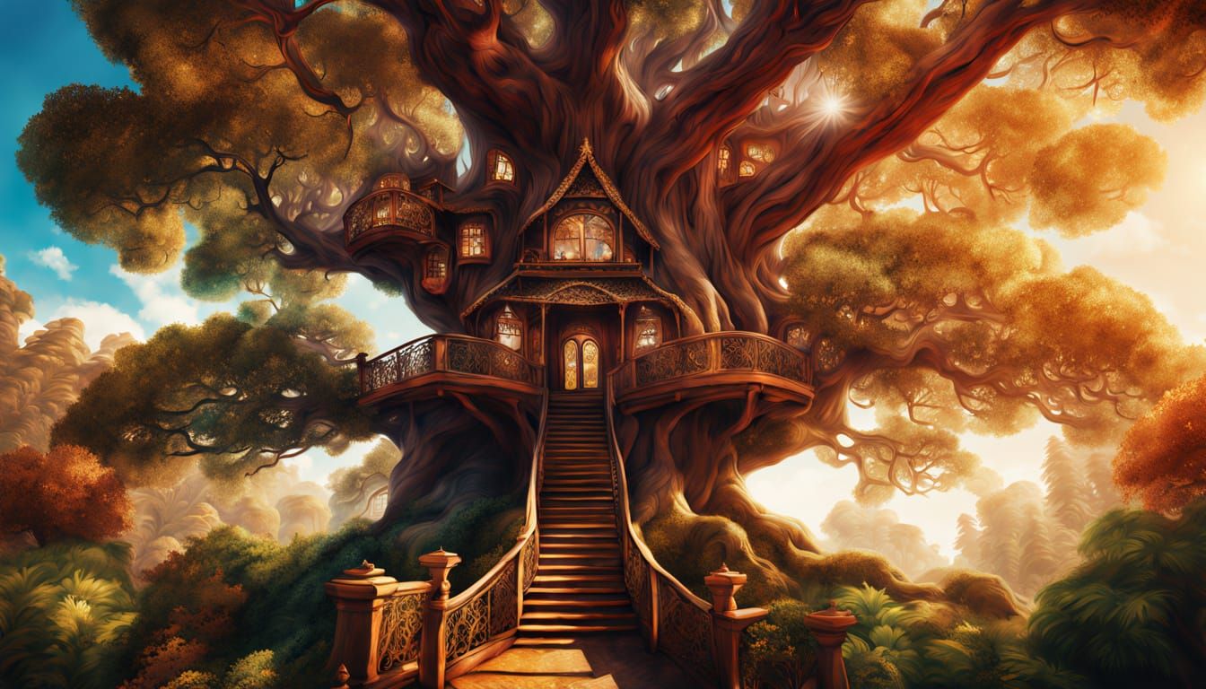 Glowing Treehouse in a Giant Redwood, Vibrant and Luxurious