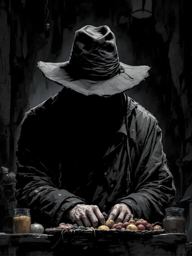 Gritty Merchant in Noir-Inspired Comic Book Style