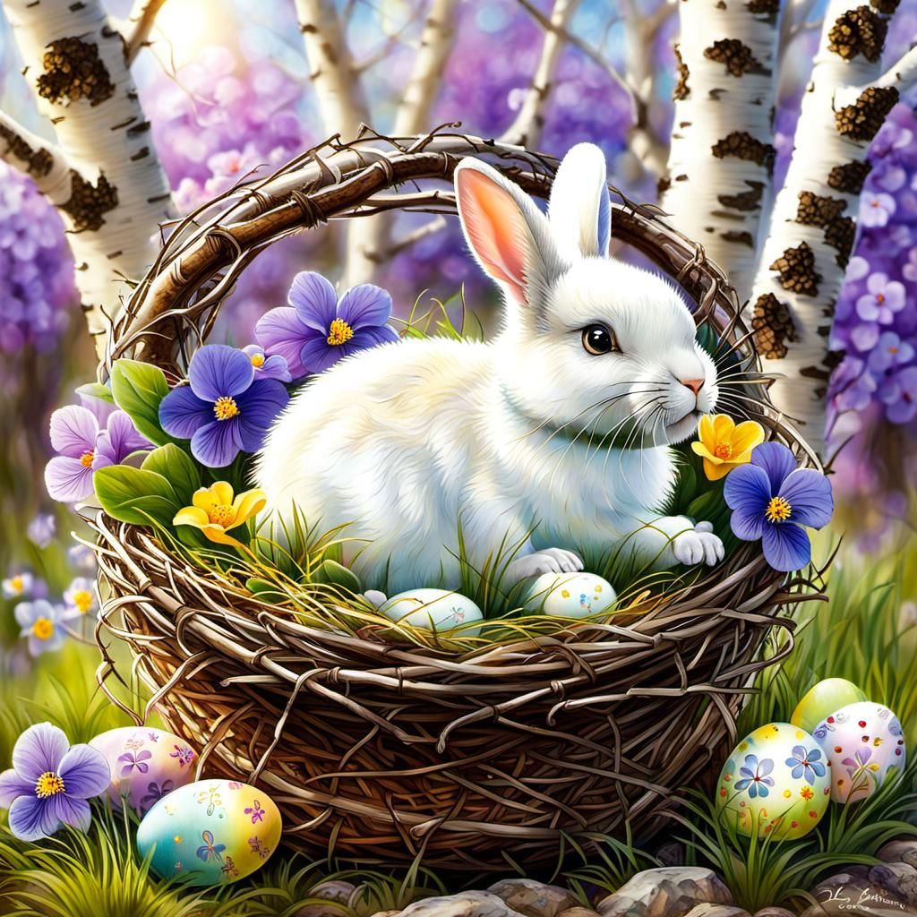 Easter Eggs, Bunny, and Spring Flowers Painting