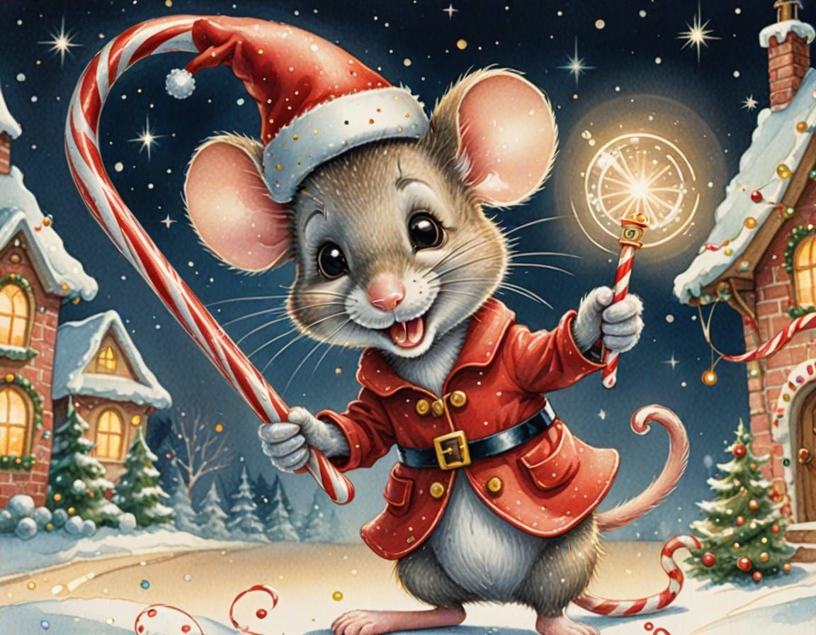 Mouse on Candy Cane: Whimsical Christmas Illustration