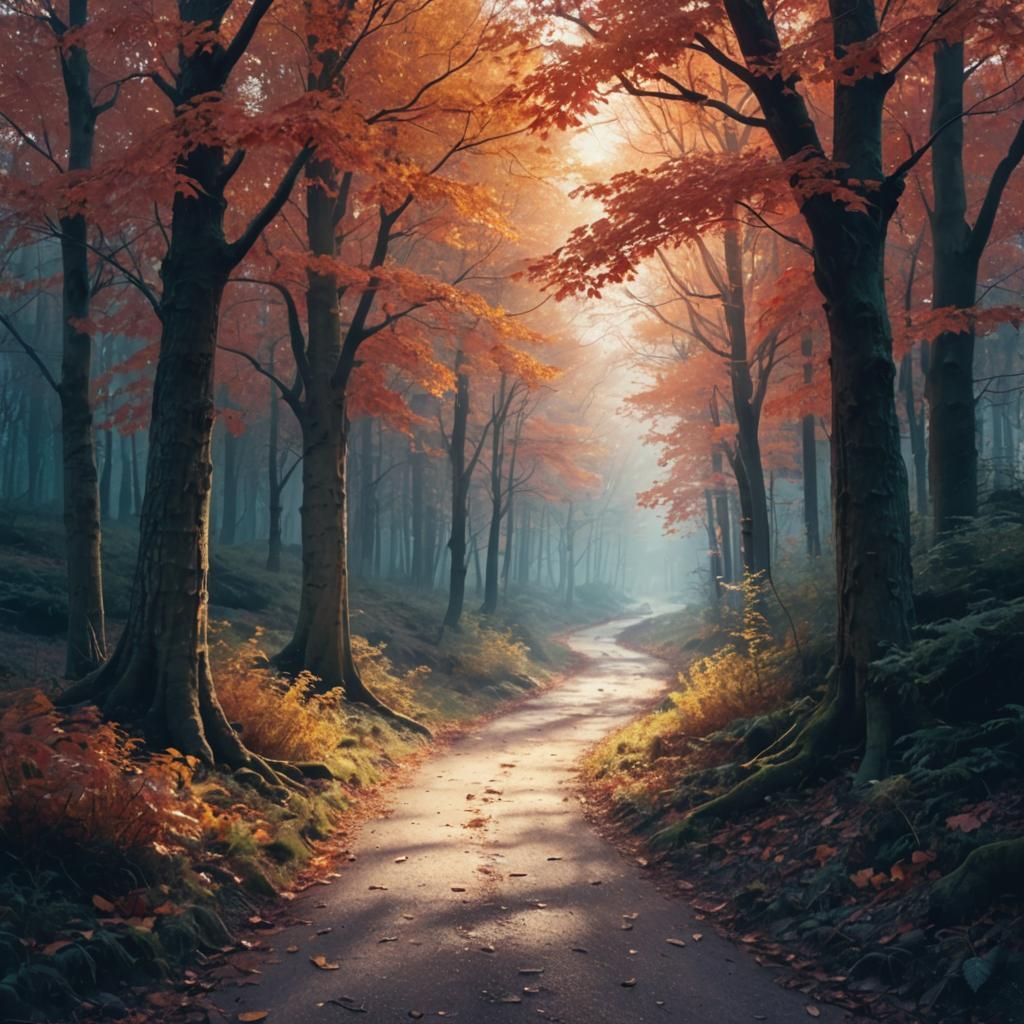 Warm Light on Forest Path in Cinematic Style