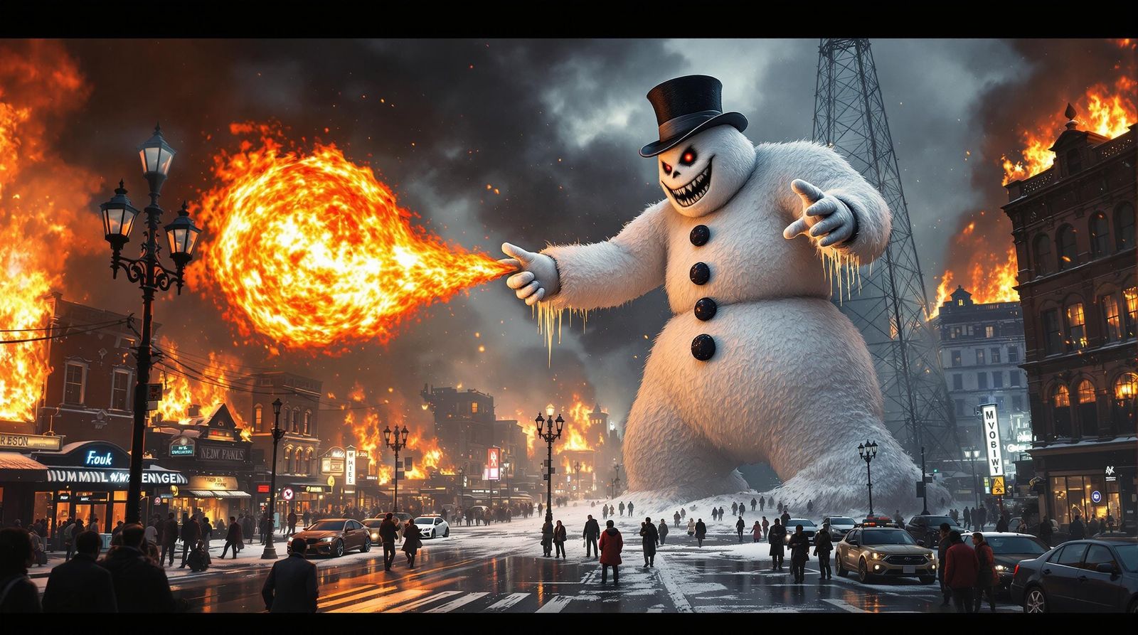 Epic Cyberpunk Winter Chaos: Frosty Snowman Unleashes Fury