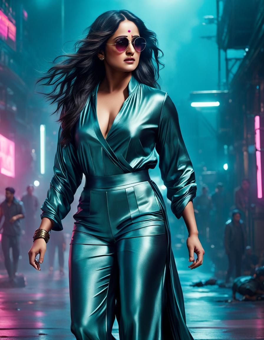 Curvy Indian Woman in Cyberpunk Neon Cityscape