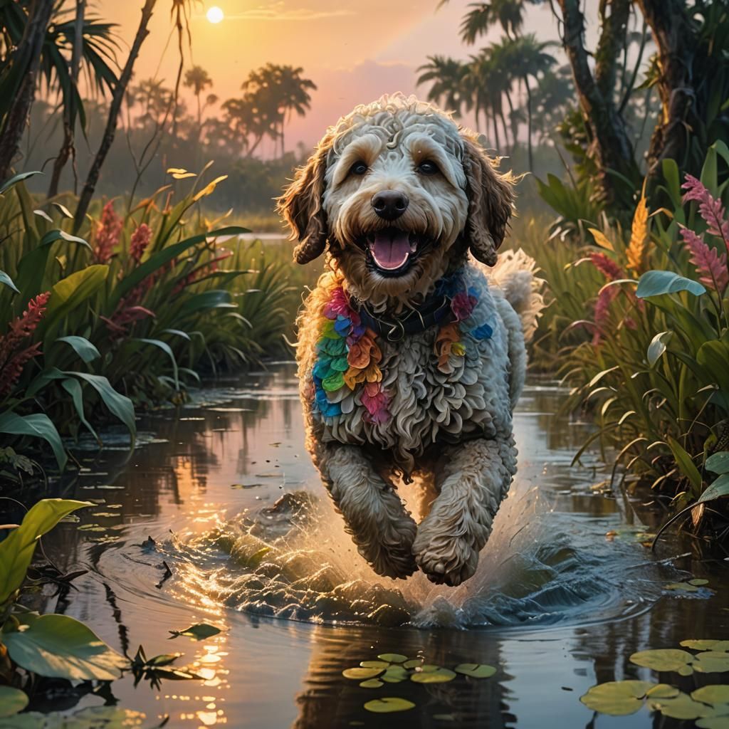 Happy Spoodle Runs Through Everglades Wetlands