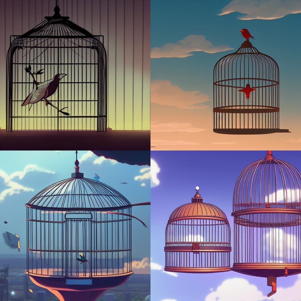 Empty Bird Cage with Elon Musk Bird, Anime Style
