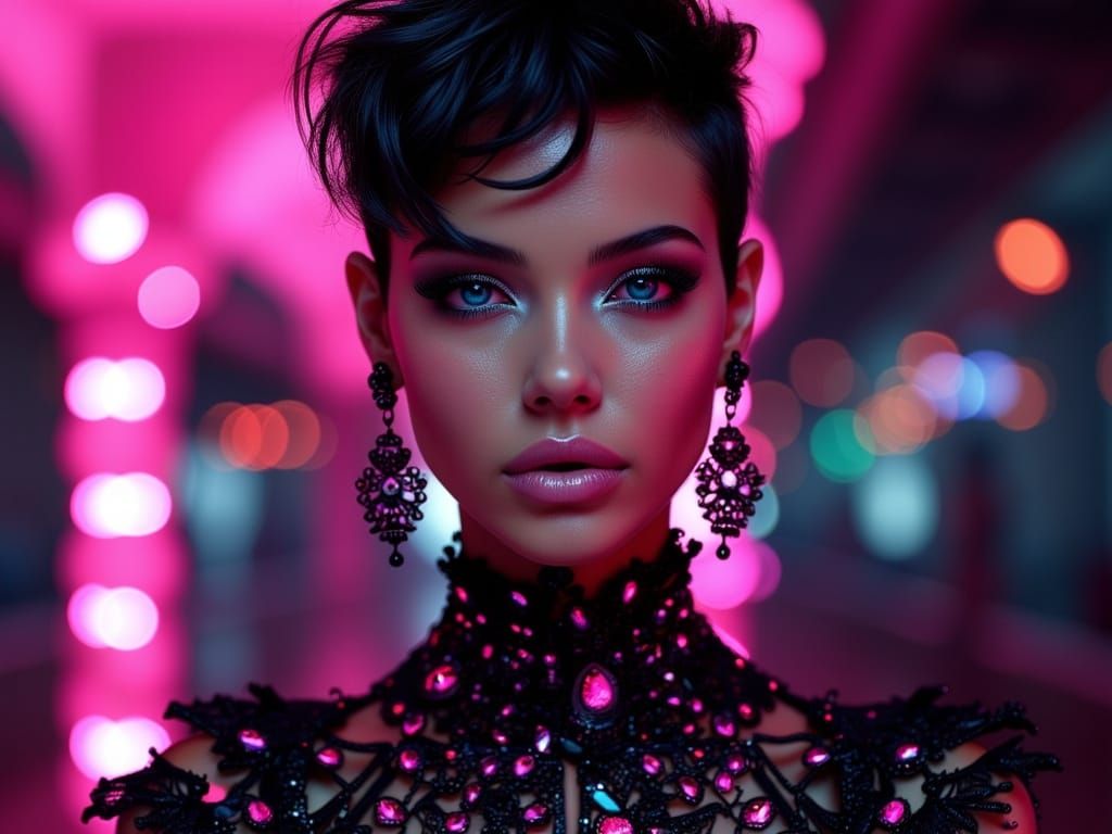 Gothic Goddess in Black Wedding Gown with Neon Pink Accents