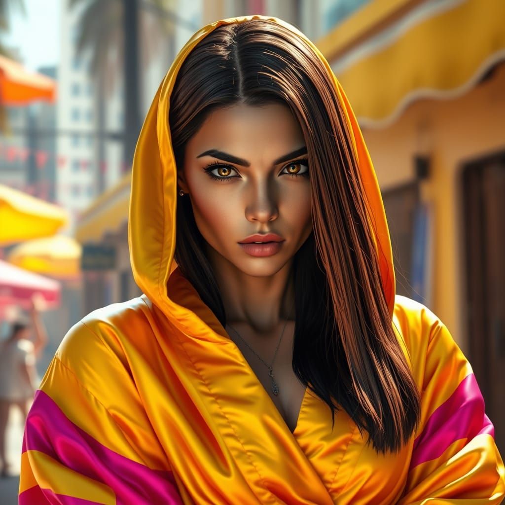 Hyper-Realistic Woman in Striped Satin Robes, Inspired by GT...