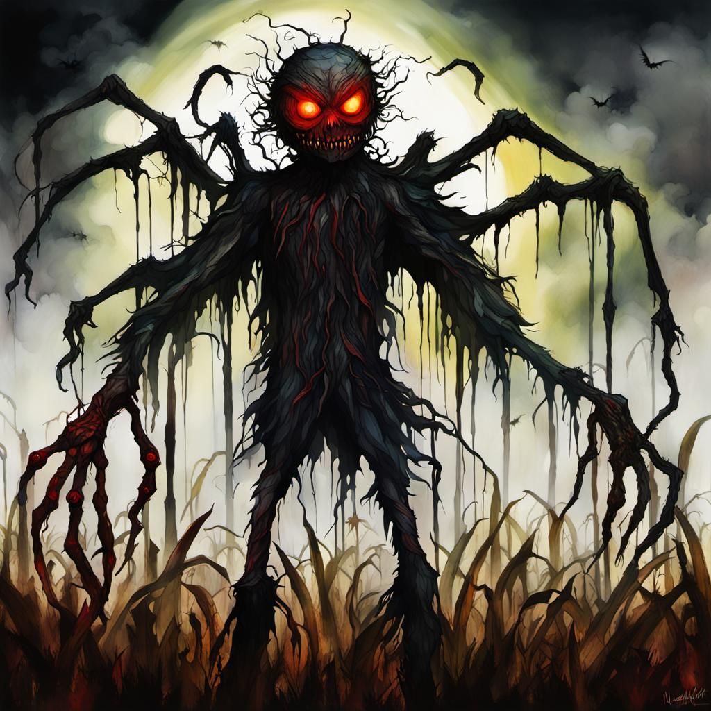 Nightmarish Scarecrow Monster in Haunted Cornfield