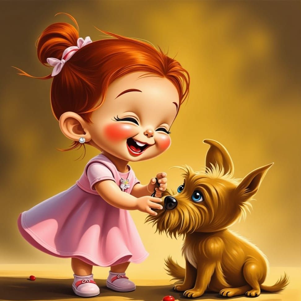 Red-Haired Girl and Yorkshire Terrier in Pixar Style