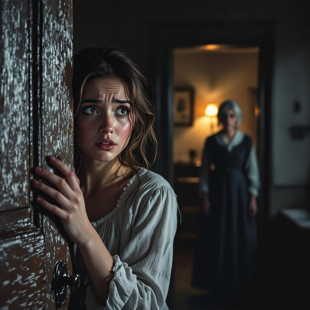 Terrified Woman in Old House at Dusk