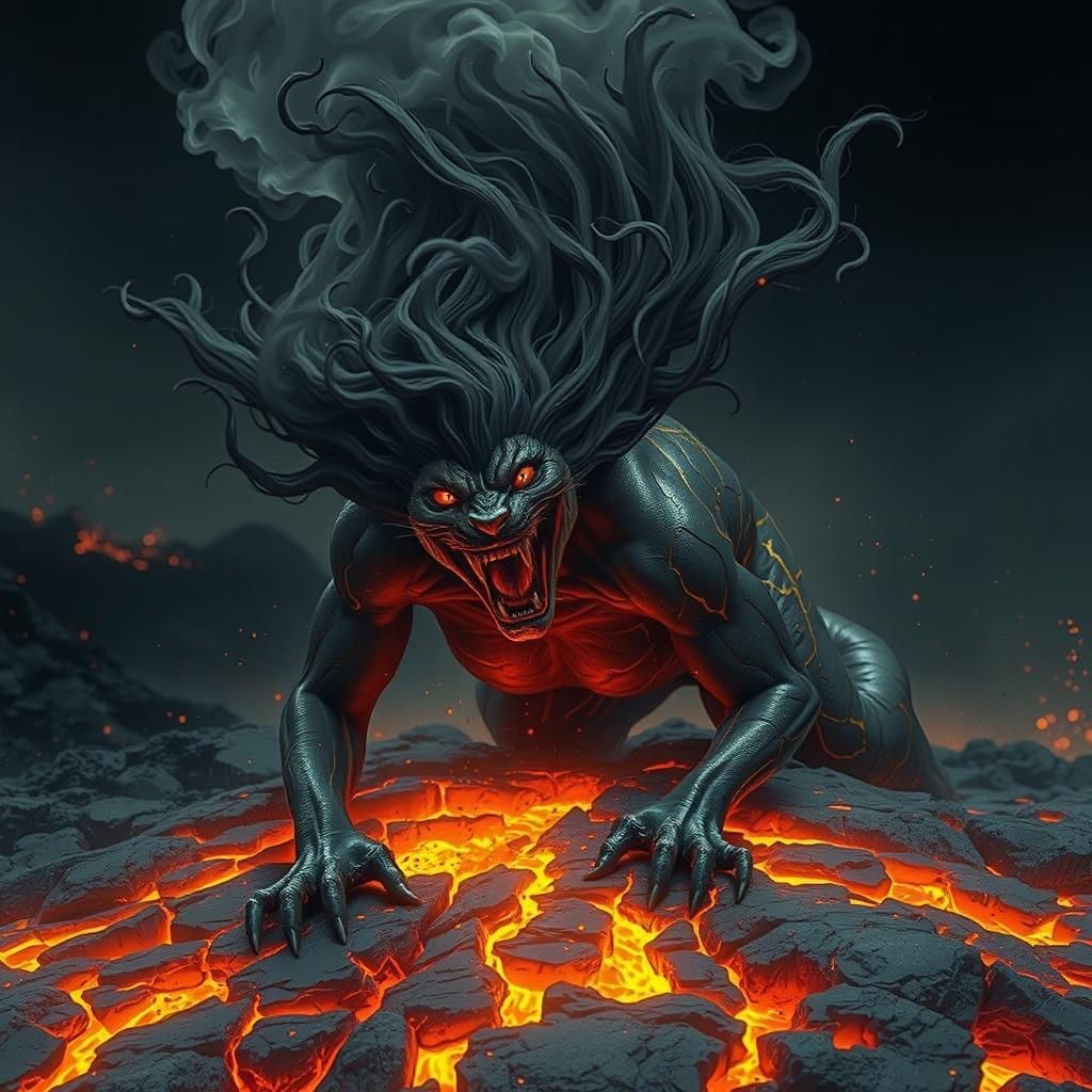 an image of acat figure made entirely of molten lava, with g...