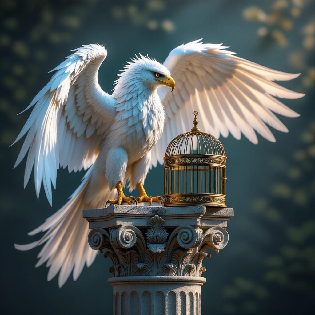 Majestic Griffin on Grecian Column Holding Birdcage