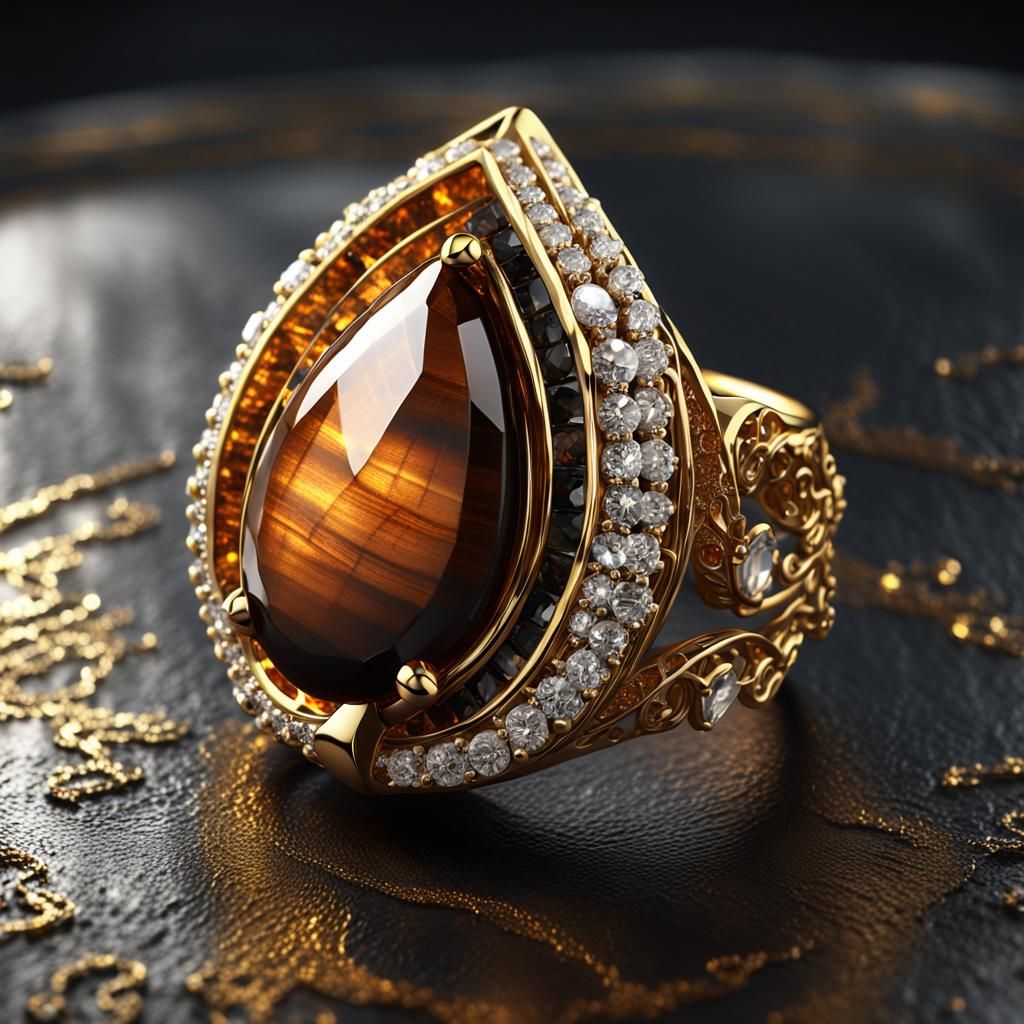 Pear Cut Tiger Eye Ring in Metallic 3D Rendering