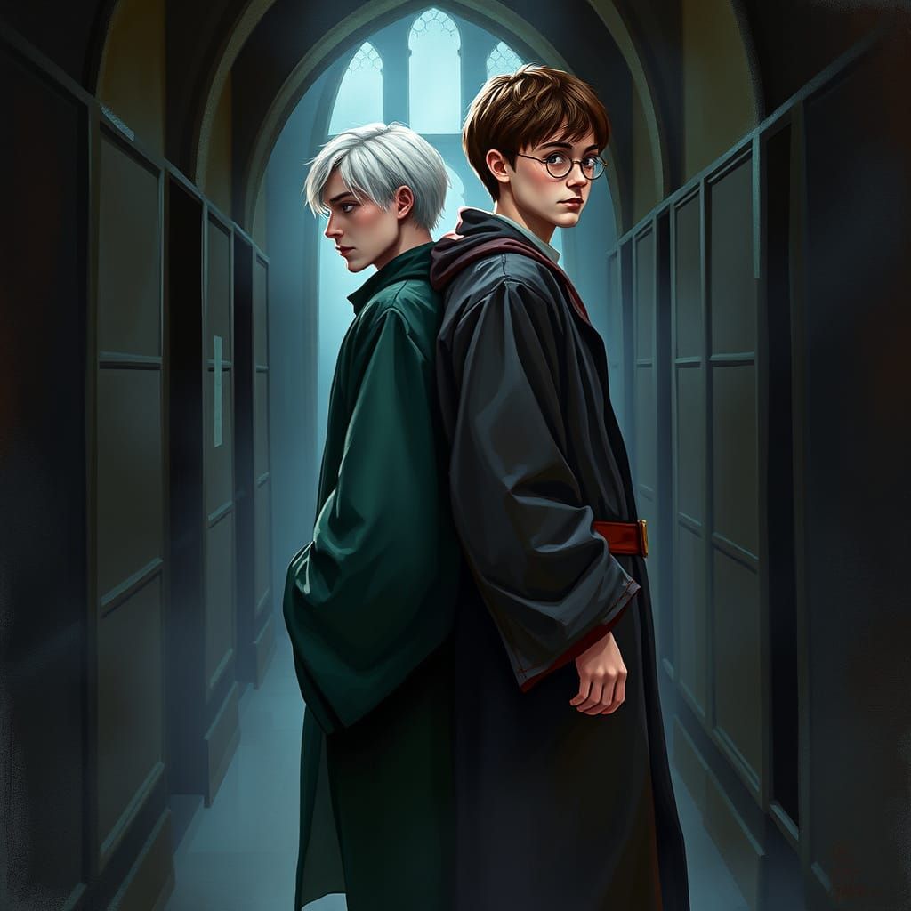 Harry Potter and Draco Malfoy in Hogwarts Corridor