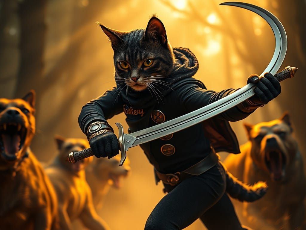 Feline Superhero Battles Fierce Canines in Dark Forest